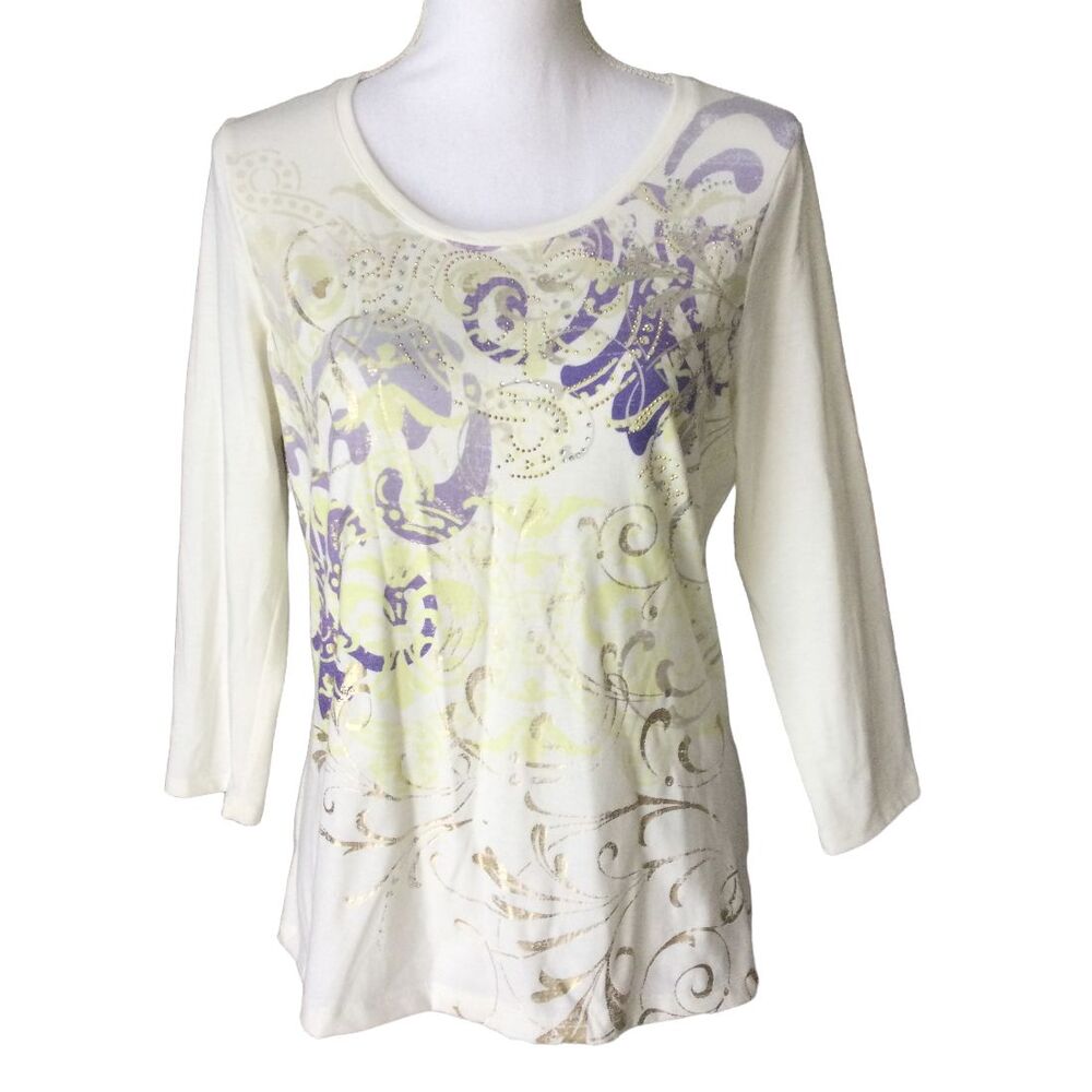 Zenergy By Chico's Size 0 Women's Multicolor 3/4 Sleeve Top Embellished Tee